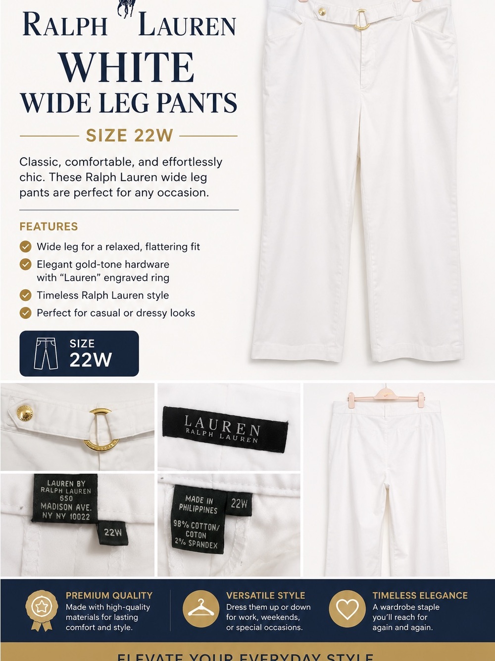 ELEVATE YOUR EVERYDAY STYLE
with RALPH LAUREN White Wide Leg Pants Size 22W